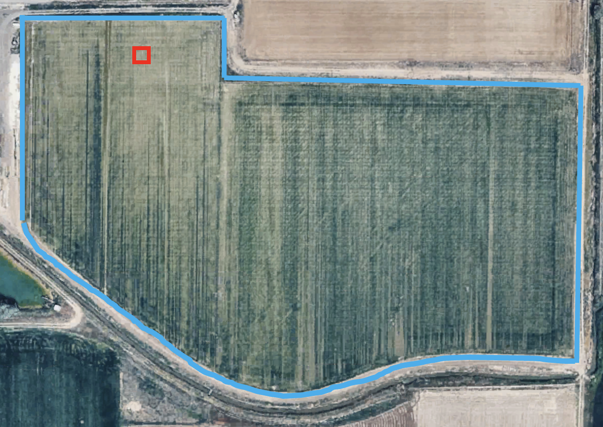 Aerial view of North 60 with a blue field boundary and red box marking the zoomed-in area